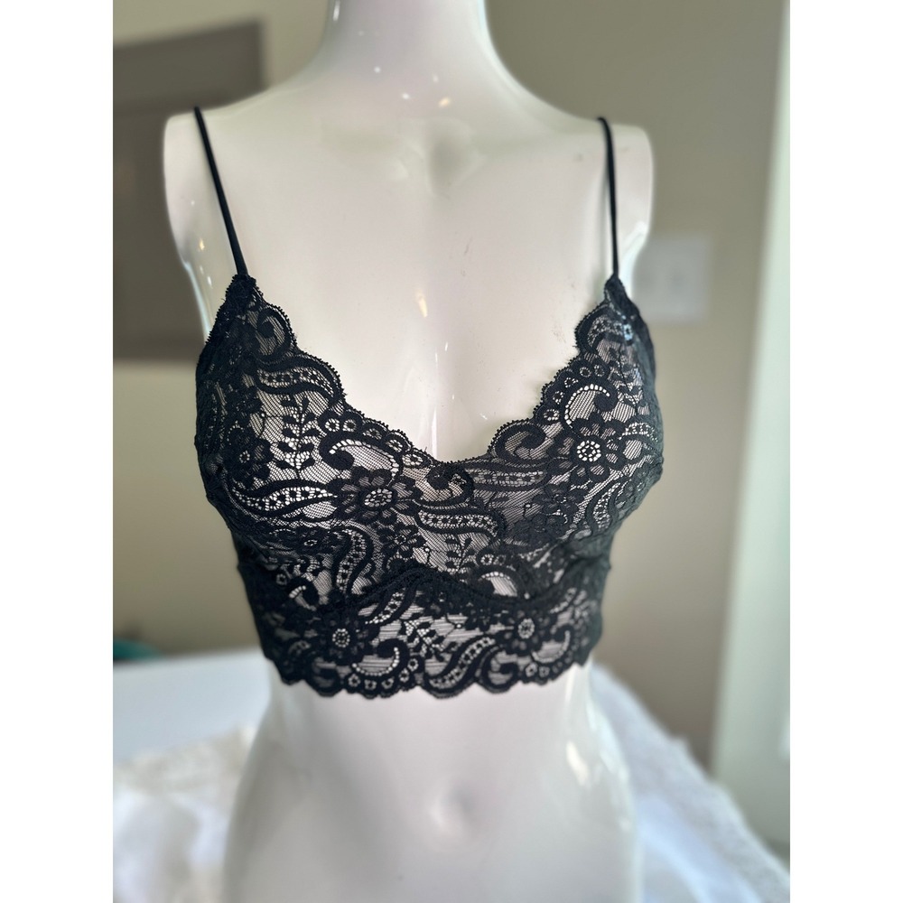 Lady Lynne Vintage 90s Black Floral Lace Longline Bralette Stretch Cami Sz P